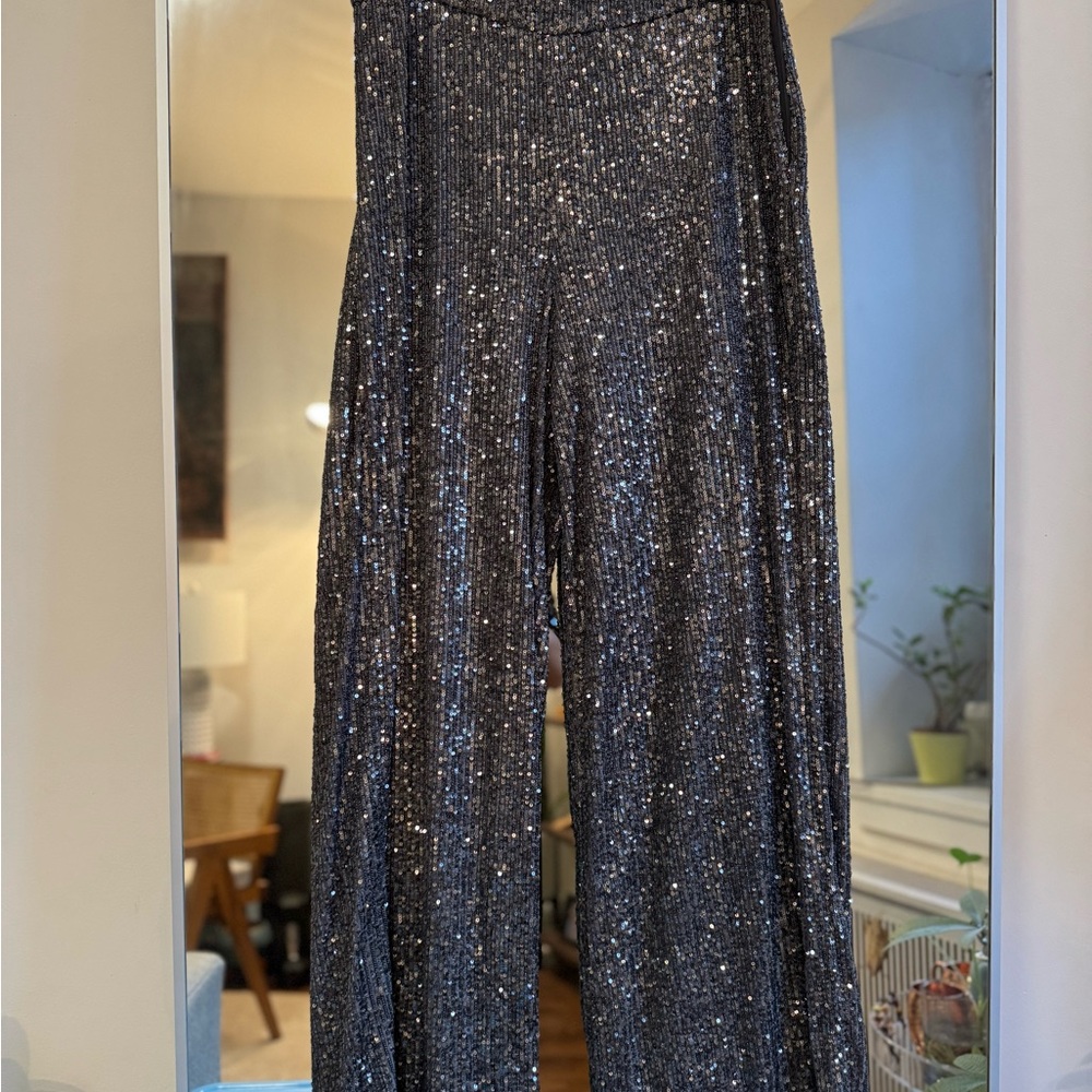 LOFT Silver Sequin Wide Leg Pants - Picture 2 of 9